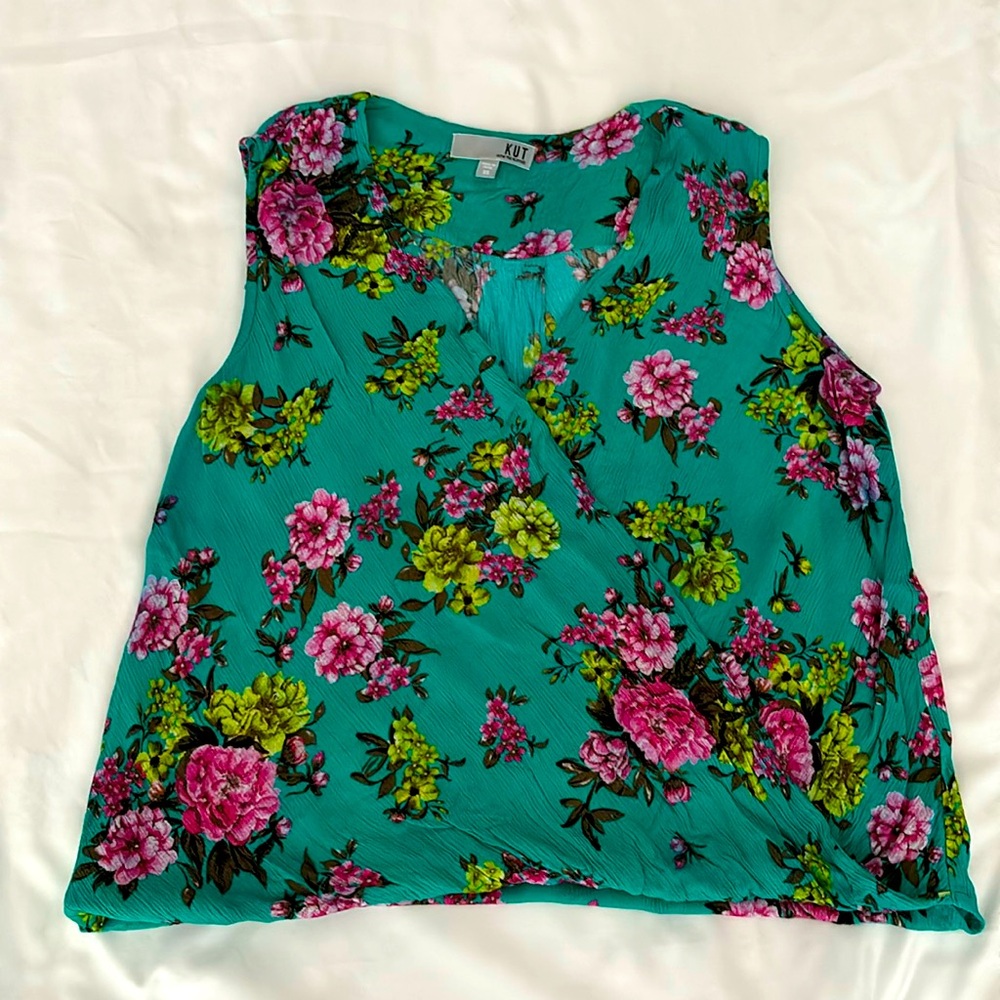 KUT green floral print v neck sleeveless wrap blouse